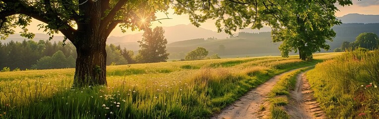 Obraz premium Peaceful countryside path winding through lush green fields at sunset with large tree providing shade in rural landscape
