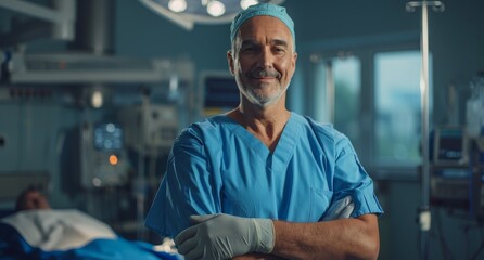 Confident smiling middle-aged male surgeon in operating room with arms crossed