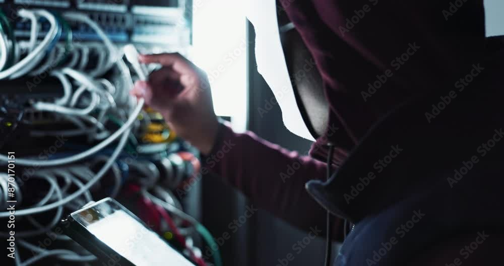 Aufkleber Cyber, attack and hacker in mask with smartphone in dark control room with ransomware for firewall. Phishing, crime and anonymous thief as danger to database, privacy and stealing data with malware