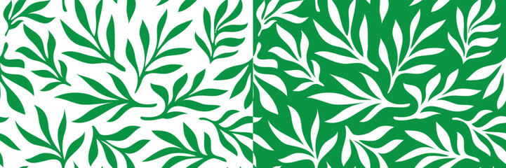 Fototapeta premium Seamless green Matisse plant pattern. Minimal abstract floral tropical reprint. Freehand doodle collage. Organic leaf background, simple