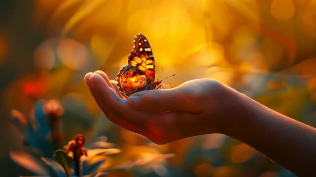 Butterfly landing on hand at sunset