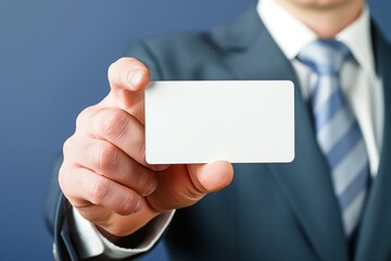 Businessman Holding Blank Business Card in Focus Against Blue Background for Branding Concept