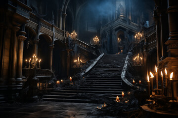The Grand Staircase Of A Gothic Castle, Adorned With Flickering Candles And Cobwebs, Leading To Mysterious Corridors