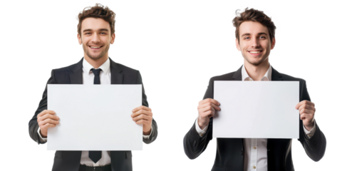 a happiness businessman holding a blank placard sign poster paper in his hands isolated on a transparent background..