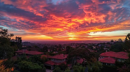 Fototapeta premium The calming effect of a sunset over a suburban neighborhood, the sky turning into a canvas of warm colors, offers a moment of peace and reflection.