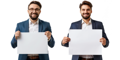 a happiness businessman holding a blank placard sign poster paper in his hands isolated on a transparent background..