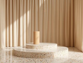 Beige Curtains and Terrazzo Podium for Product Display