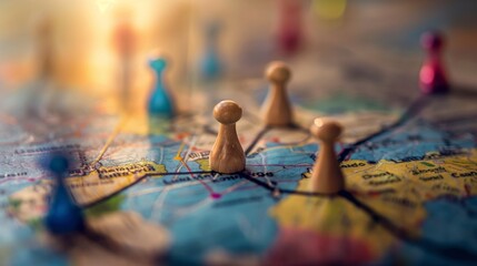 A topographic map with colored pins depicting on it.