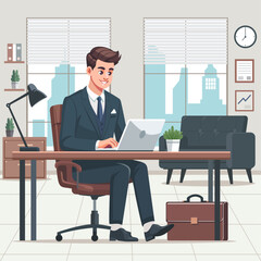 Modern business character working in an office, dressed smartly in a suit, and using a laptop