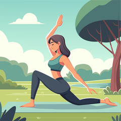 young woman in athletic wear, performing a yoga pose on a mat in a park