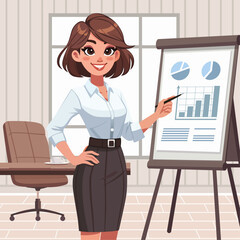a successful, confidence and enthusiasm businesswoman character with short stylish hair, wearing a blouse and pencil skirt, presenting a project in front of a whiteboard in a conference room.