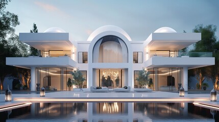 The Unique House With A Curved White Roof And Pool.
