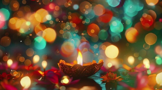 Graphic resource happy Diwali lighting background. flat way one Dilwali lamp vestifal with flower and background blur bokeh