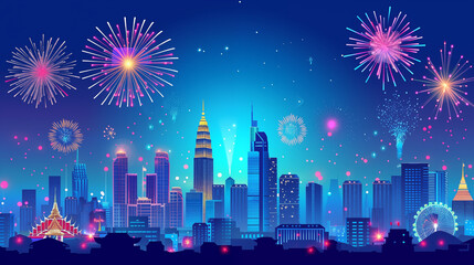 A digital  illustration ,High Angle Cityscape with Fireworks: a bustling cityscape, featuring skyscrapers and colorful fireworks lighting up the sky.