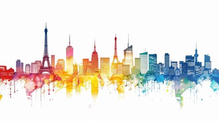 Watercolor Cityscape with Rainbow Hues