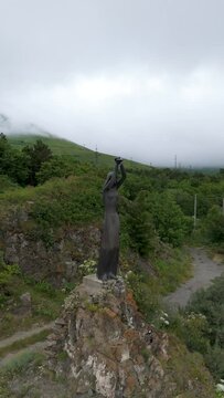 Statue of Akhtamar at Lake Sevan, Armenia. Taken with a drone.