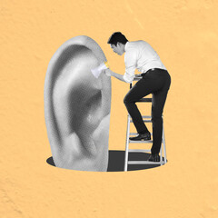 Businessman standing on ladder speaking through megaphone to giant ear
