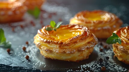 A small pastry on a black plate.