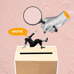 A human hand holding a magnifying glass looking at a falling businesswoman to the ballot box with...