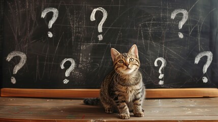 A curious cat sits in front of a blackboard filled with question marks, symbolizing learning, exploration, and the pursuit of knowledge.
