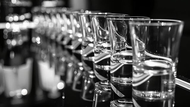 A row of shot glasses lined up on a mirrored surface their reflections creating an illusion of infinity. Black and white art