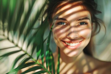 Naklejka premium Smiling woman with palm leaf shadows on face, portrait