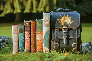 A collection of school books with artistic covers, neatly arranged beside a stylish backpack on a grassy knoll