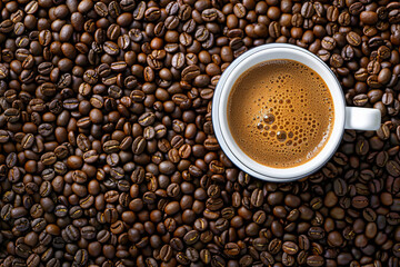 Fototapeta premium Coffee cup surrounded by coffee beans, warm beverage with copy space