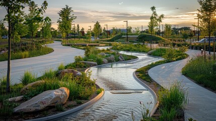 Fototapeta premium Serene park with winding pathways, water features, greenery, and sunset views, ideal for relaxation and leisurely walks.