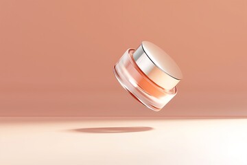 Elegant Floating Cosmetic Jar Mockup with Transparent and Orange Design on Peach Background