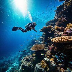 scuba diver and coral