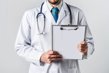 Doctor holding a clipboard, Portrait half-body, hyper-realistic, high detail, photorealistic, white background