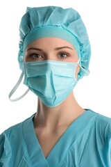Doctor wearing a surgical mask, Portrait half-body, hyper-realistic, high detail, photorealistic, white background