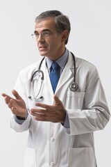 Doctor discussing treatment options, Portrait half-body, hyper-realistic, high detail, photorealistic, white background