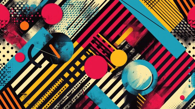 Vibrant abstract geometric pattern with bold colors, dynamic shapes, and modern design elements. Ideal for backgrounds and creative projects.