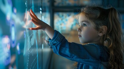 A child using a digital learning tool in a modern classroom.