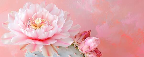 Beautiful pink cactus flower in bloom against a soft pastel background, highlighting elegance and tranquility in nature.