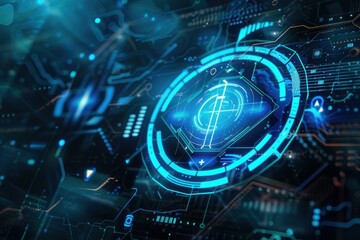 Obraz premium A futuristic digital hub with blue and cyan LED lights illuminating the environment.