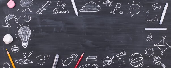Blackboard with doodles and school supplies like pencils and erasers, perfect for education-themed designs or backgrounds.