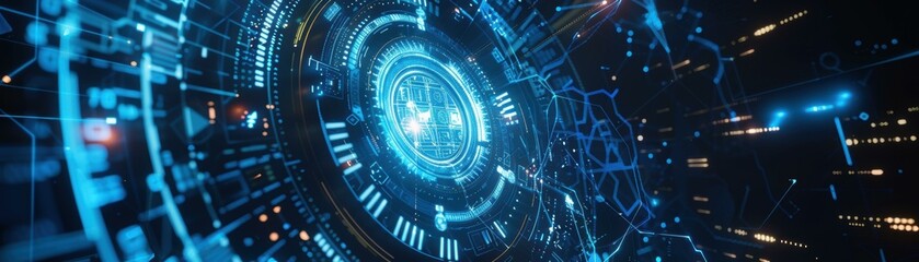 A futuristic digital hub with blue and cyan LED lights illuminating the environment.