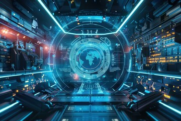 A modern server room with blue and cyan LED lights illuminating the environment.