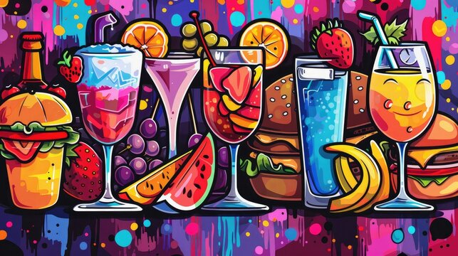 Vibrant illustration of cocktails, fresh fruits, and burgers with a colorful abstract background, perfect for food and beverage themes.