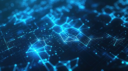 Obraz premium Abstract representation of a blockchain network with glowing blue and cyan connections on a dark background.
