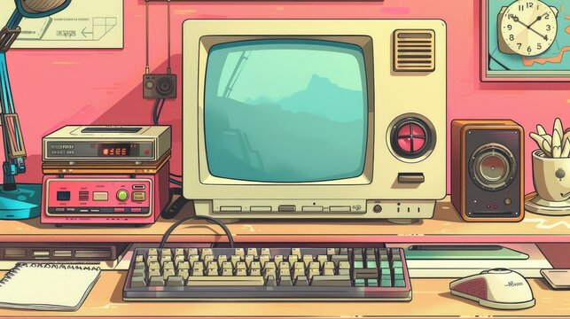 Vintage retro computer on a wooden desk with classic peripherals, evoking nostalgia and the old days of technology.