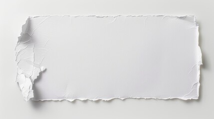 A single sheet of white paper with a torn edge on the left side lies on a white background. The blank sheet is slightly centered to create space for text.