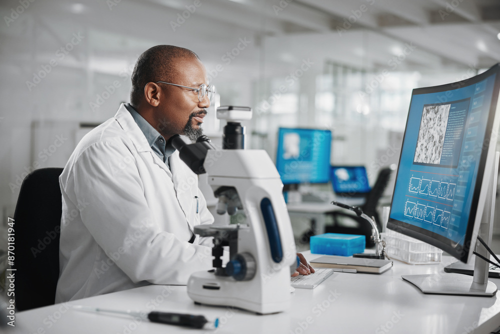 Poster Science, lab and virus research with black man and computer for microscope data analysis and report. Working, scientist and medical journal study with technology and professional with disease check