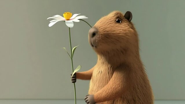 Cute Capybara Holding White Flower with Ai generated.
