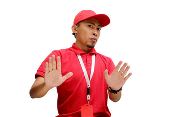 Asian delivery man or courier is pulling his hands away with palms facing outward, expressing...