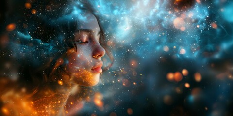 Conceptual art piece of a woman's head,entwined with colorful smoke trails, reality and fantasy.