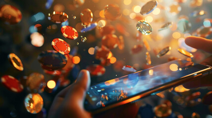 Phone from which casino chips and gold coins fly out, creating a dynamic and festive scene that symbolizes the excitement and luxury of online casinos.